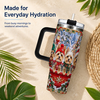 #pl[40oz|Black] Yorkie Christmas 40oz Tumbler with Handle, Snowy Dog Travel Cup