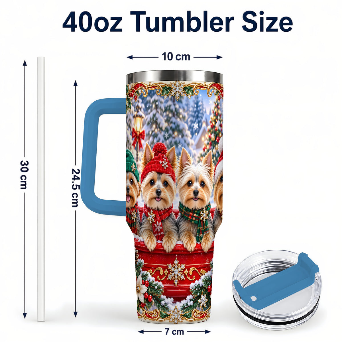 #pl[40oz|Blue] Yorkie Christmas 40oz Tumbler with Handle, Snowy Dog Travel Cup