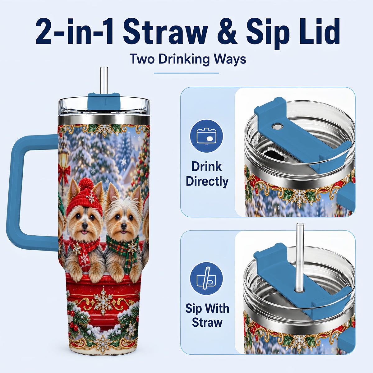 #pl[40oz|Blue] Yorkie Christmas 40oz Tumbler with Handle, Snowy Dog Travel Cup