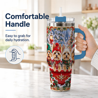 #pl[40oz|Blue] Yorkie Christmas 40oz Tumbler with Handle, Snowy Dog Travel Cup