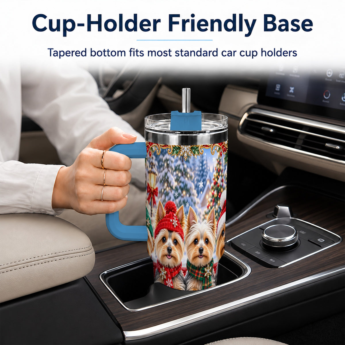#pl[40oz|Blue] Yorkie Christmas 40oz Tumbler with Handle, Snowy Dog Travel Cup