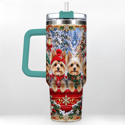 #pl[40oz|Green] Yorkie Christmas 40oz Tumbler with Handle, Snowy Dog Travel Cup