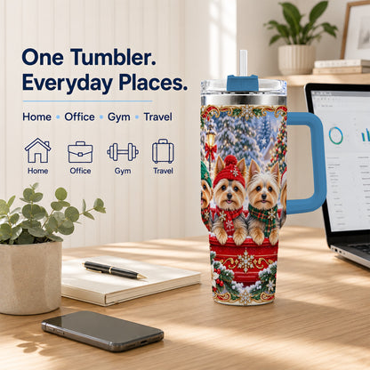 #pl[40oz|Blue] Yorkie Christmas 40oz Tumbler with Handle, Snowy Dog Travel Cup