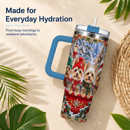 #pl[40oz|Blue] Yorkie Christmas 40oz Tumbler with Handle, Snowy Dog Travel Cup