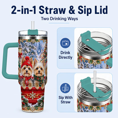 #pl[40oz|Green] Yorkie Christmas 40oz Tumbler with Handle, Snowy Dog Travel Cup