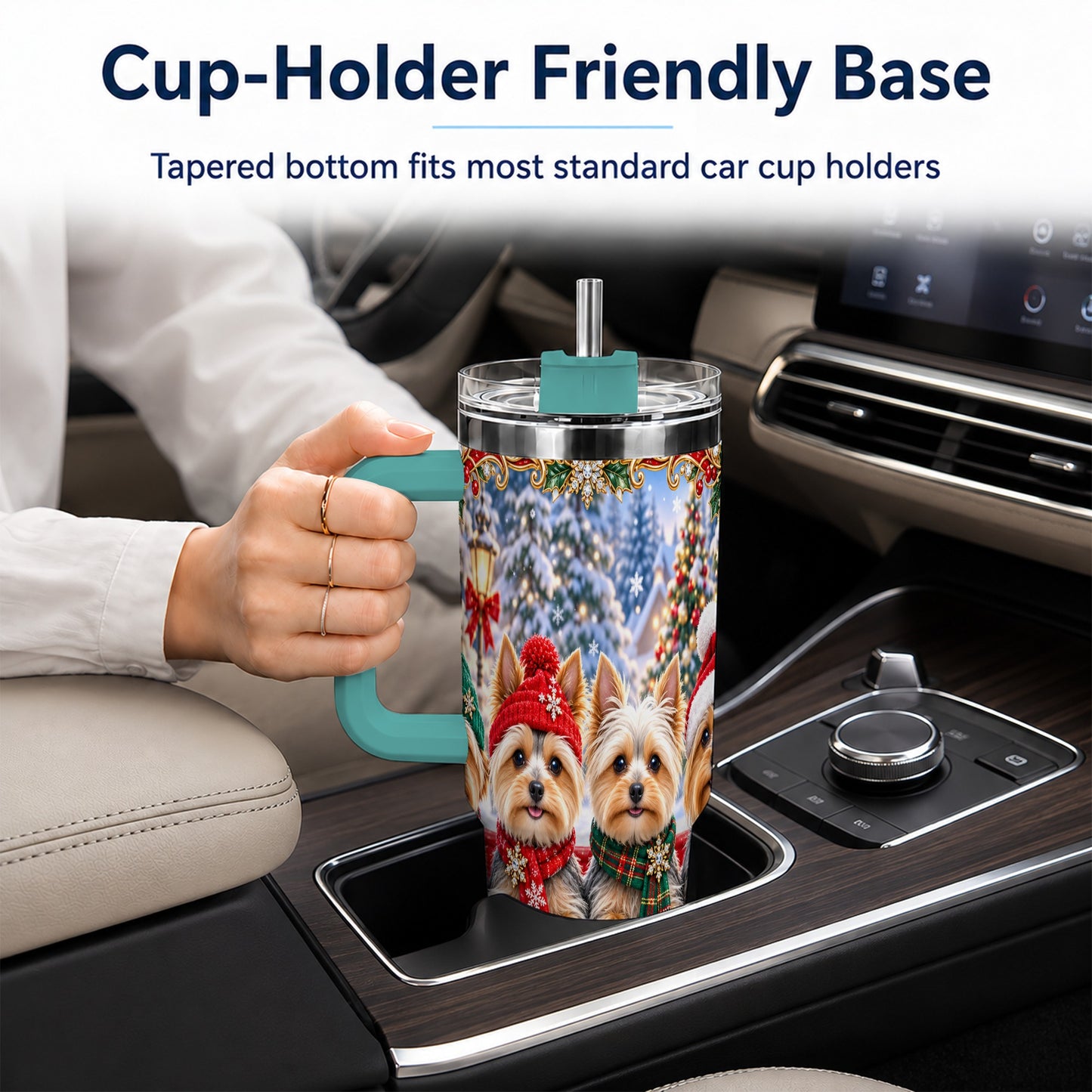 #pl[40oz|Green] Yorkie Christmas 40oz Tumbler with Handle, Snowy Dog Travel Cup