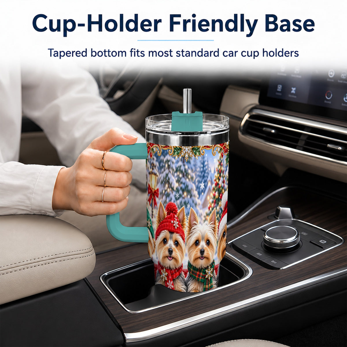 #pl[40oz|Green] Yorkie Christmas 40oz Tumbler with Handle, Snowy Dog Travel Cup