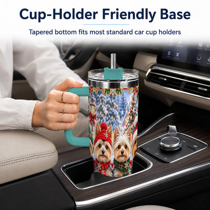 #pl[40oz|Green] Yorkie Christmas 40oz Tumbler with Handle, Snowy Dog Travel Cup