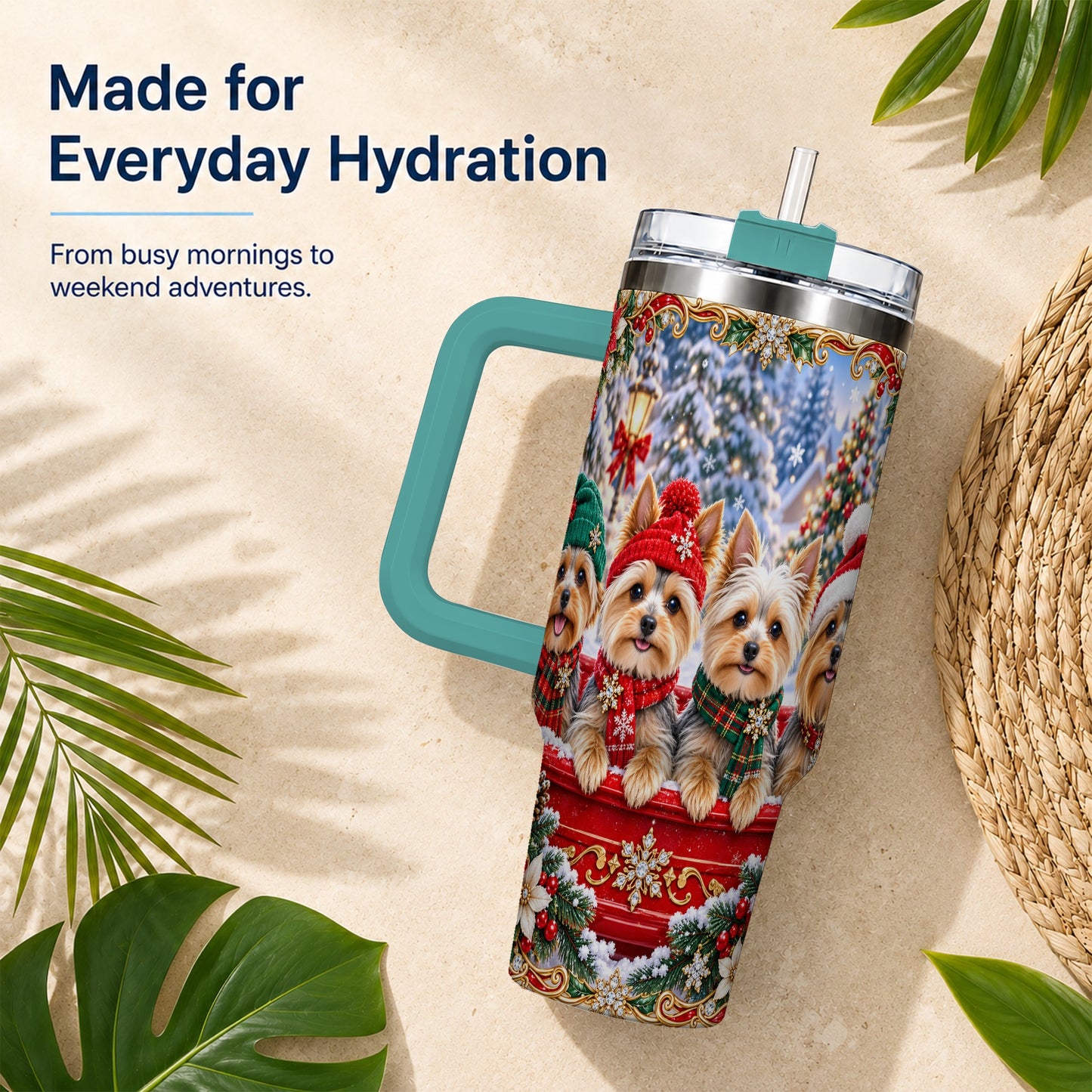 #pl[40oz|Green] Yorkie Christmas 40oz Tumbler with Handle, Snowy Dog Travel Cup