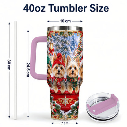 #pl[40oz|Pink] Yorkie Christmas 40oz Tumbler with Handle, Snowy Dog Travel Cup