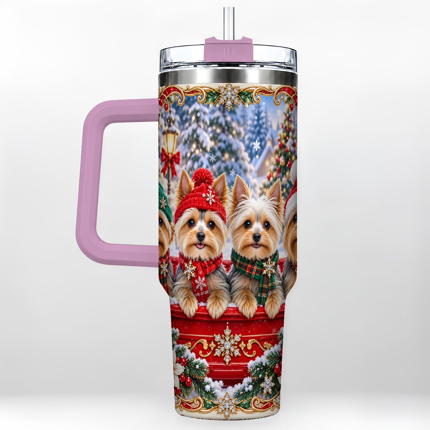 #pl[40oz|Pink] Yorkie Christmas 40oz Tumbler with Handle, Snowy Dog Travel Cup