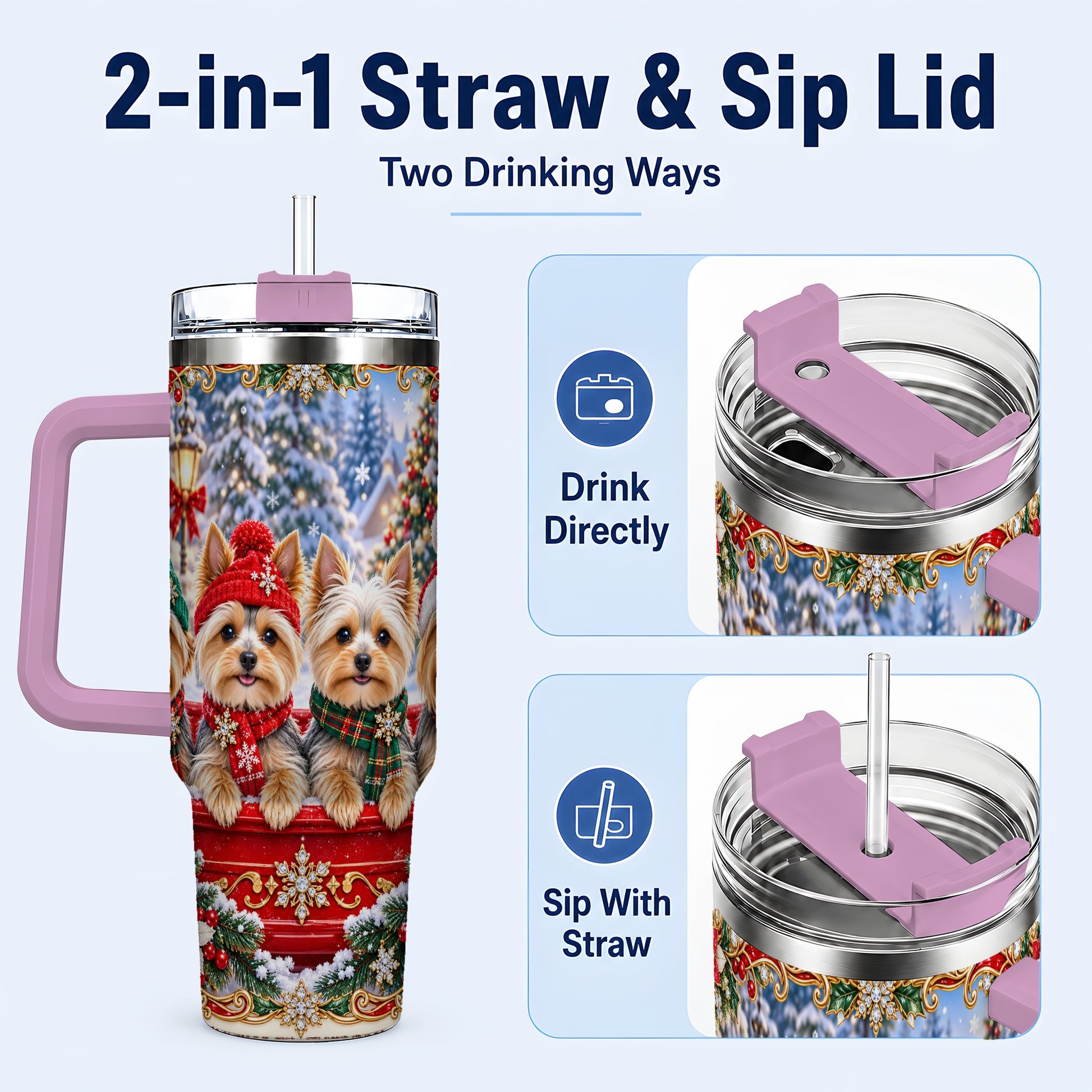 #pl[40oz|Pink] Yorkie Christmas 40oz Tumbler with Handle, Snowy Dog Travel Cup