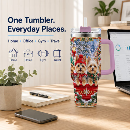 #pl[40oz|Pink] Yorkie Christmas 40oz Tumbler with Handle, Snowy Dog Travel Cup