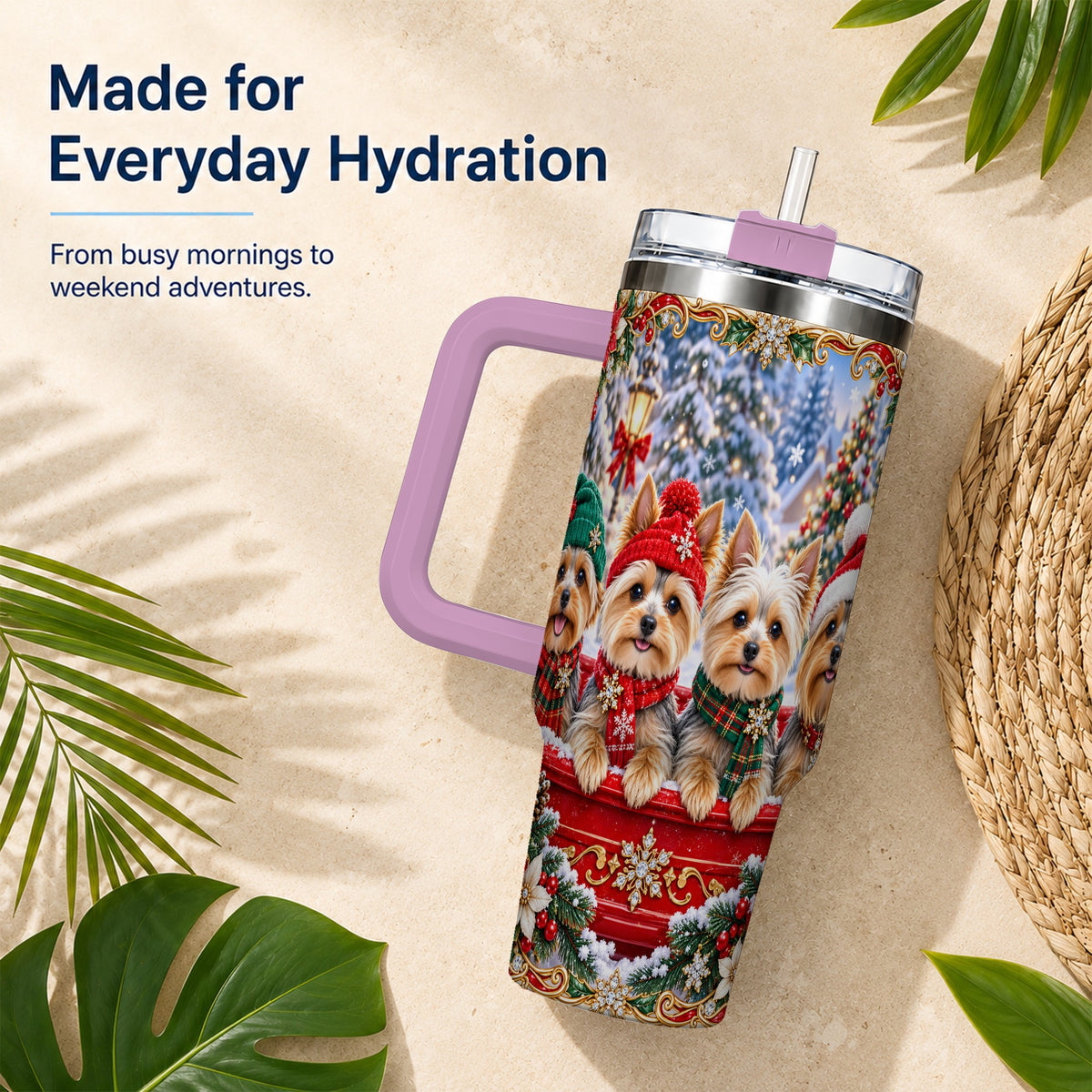 #pl[40oz|Pink] Yorkie Christmas 40oz Tumbler with Handle, Snowy Dog Travel Cup