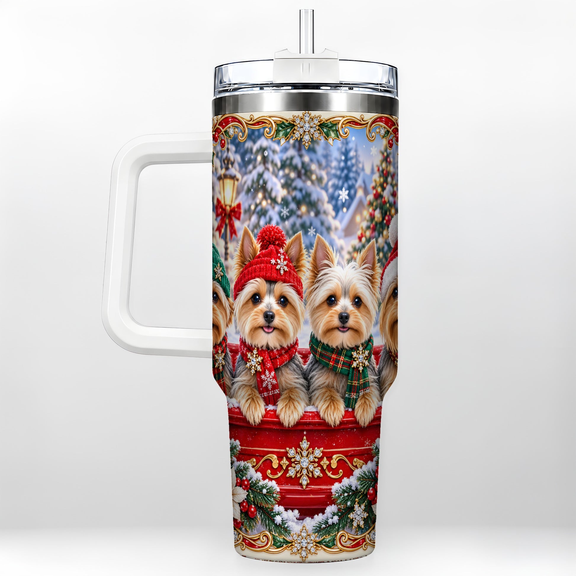 Yorkie Christmas 40oz Tumbler with Handle, Snowy Dog Travel Cup