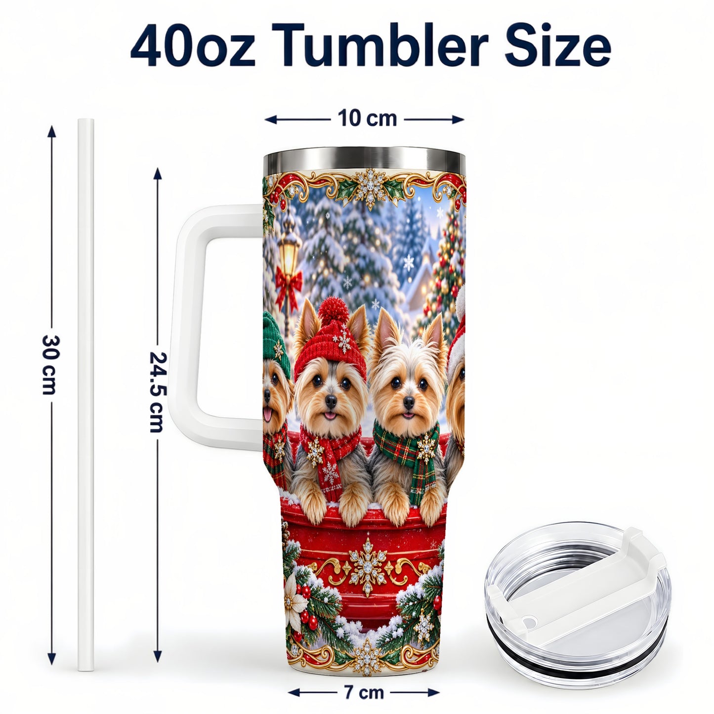 #pl[40oz|White] Yorkie Christmas 40oz Tumbler with Handle, Snowy Dog Travel Cup