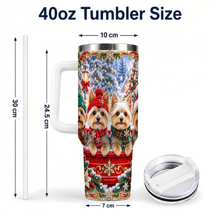 #pl[40oz|White] Yorkie Christmas 40oz Tumbler with Handle, Snowy Dog Travel Cup