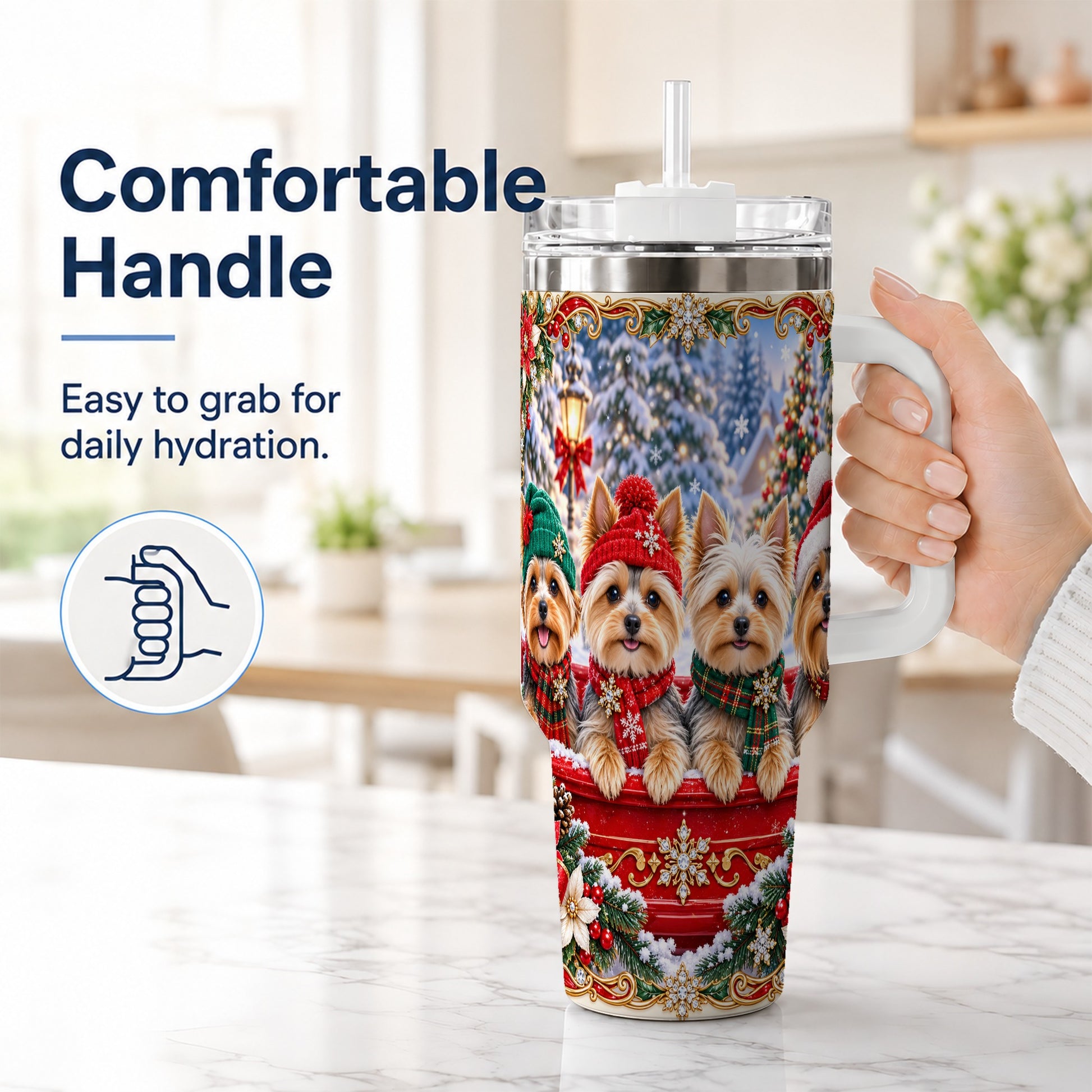 #pl[40oz|White] Yorkie Christmas 40oz Tumbler with Handle, Snowy Dog Travel Cup