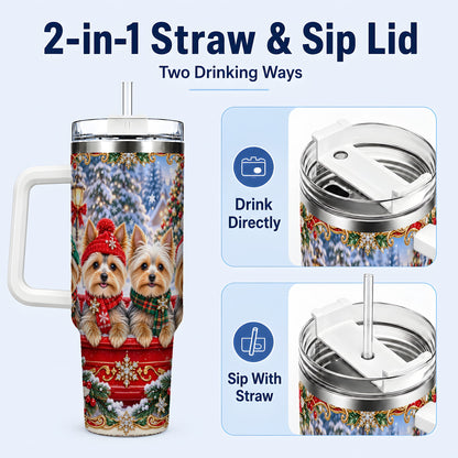 #pl[40oz|White] Yorkie Christmas 40oz Tumbler with Handle, Snowy Dog Travel Cup