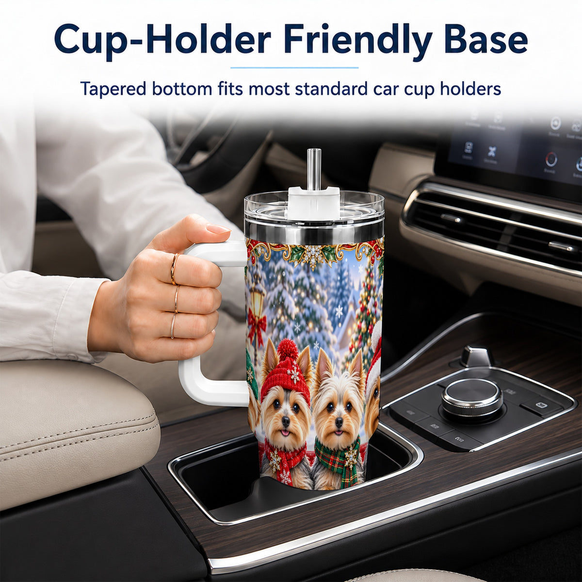 #pl[40oz|White] Yorkie Christmas 40oz Tumbler with Handle, Snowy Dog Travel Cup