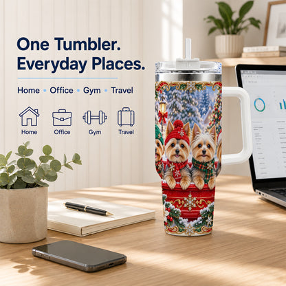 #pl[40oz|White] Yorkie Christmas 40oz Tumbler with Handle, Snowy Dog Travel Cup