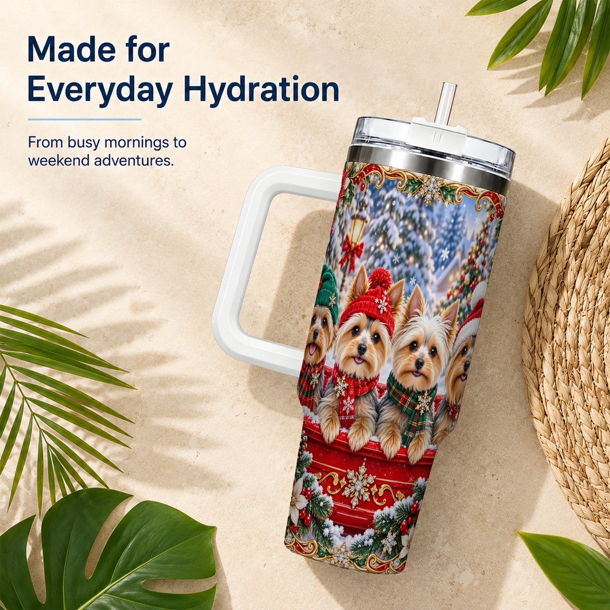 #pl[40oz|White] Yorkie Christmas 40oz Tumbler with Handle, Snowy Dog Travel Cup