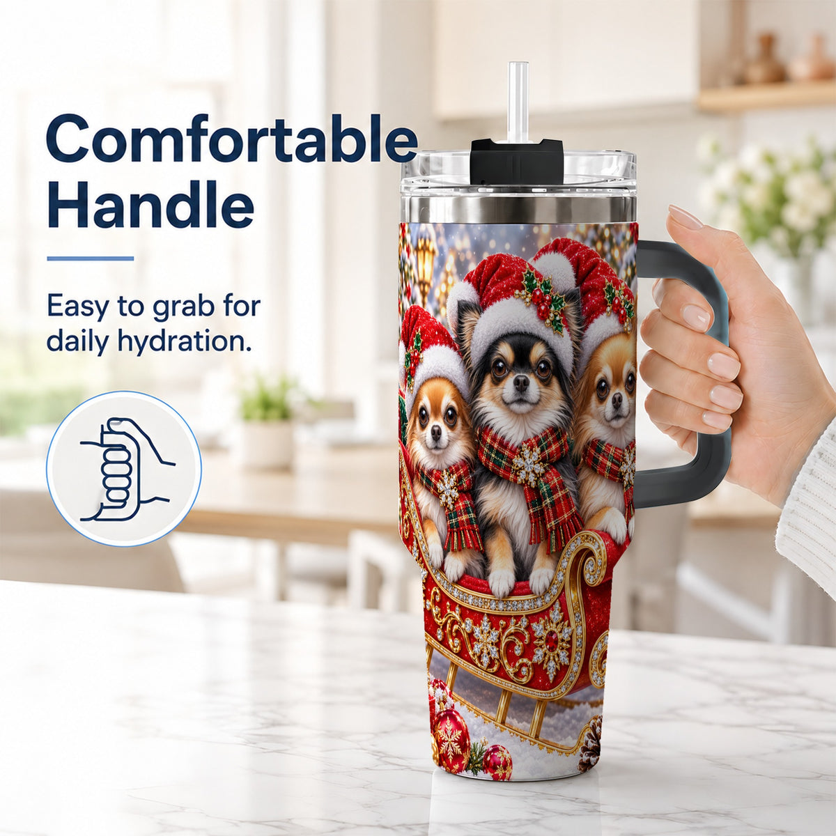 #pl[40oz|Black] Christmas Chihuahua 40oz Tumbler, Sleigh Dog Stainless Steel Travel Cup