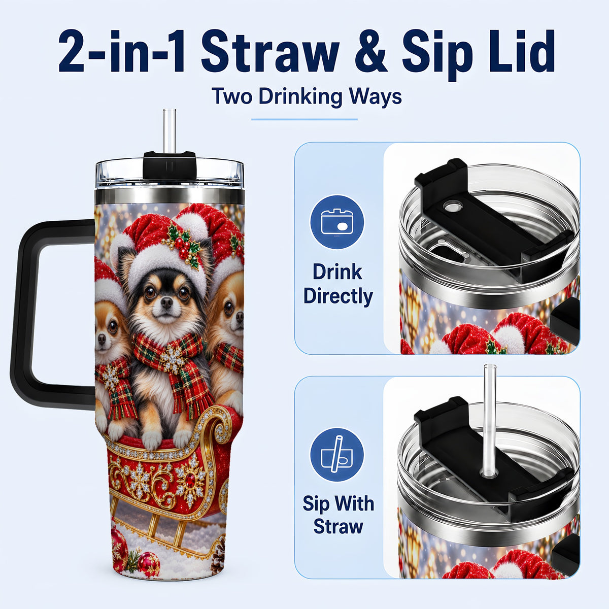 #pl[40oz|Black] Christmas Chihuahua 40oz Tumbler, Sleigh Dog Stainless Steel Travel Cup