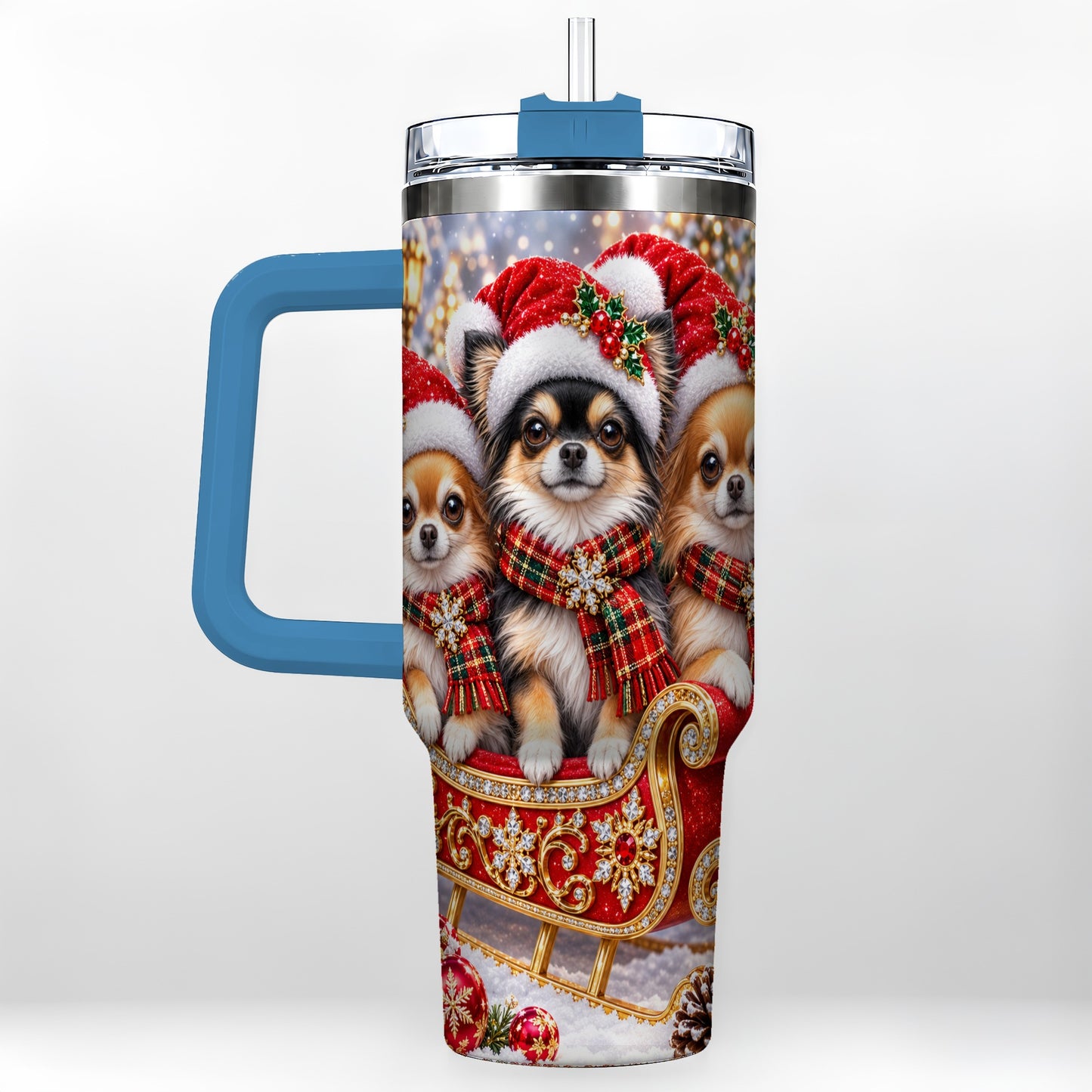 #pl[40oz|Blue] Christmas Chihuahua 40oz Tumbler, Sleigh Dog Stainless Steel Travel Cup