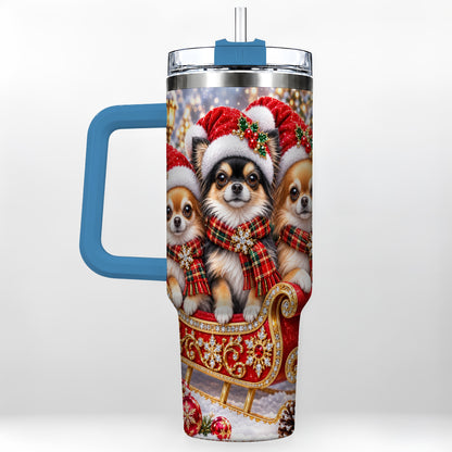 #pl[40oz|Blue] Christmas Chihuahua 40oz Tumbler, Sleigh Dog Stainless Steel Travel Cup