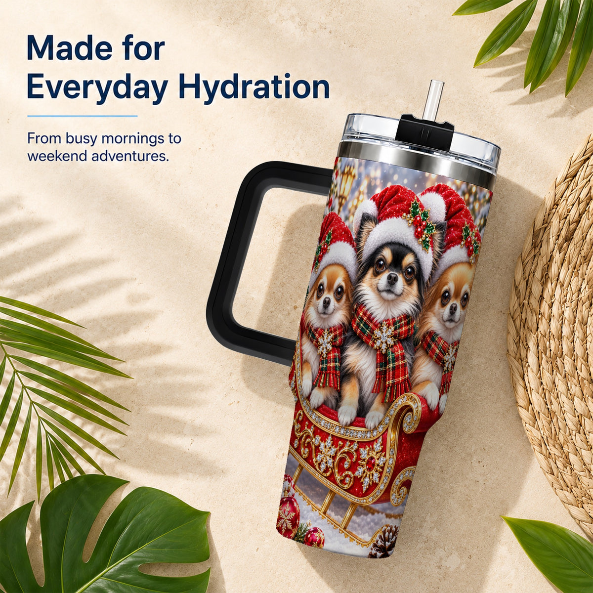 #pl[40oz|Black] Christmas Chihuahua 40oz Tumbler, Sleigh Dog Stainless Steel Travel Cup