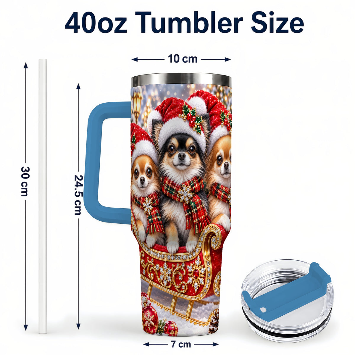 #pl[40oz|Blue] Christmas Chihuahua 40oz Tumbler, Sleigh Dog Stainless Steel Travel Cup