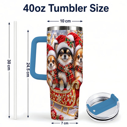 #pl[40oz|Blue] Christmas Chihuahua 40oz Tumbler, Sleigh Dog Stainless Steel Travel Cup