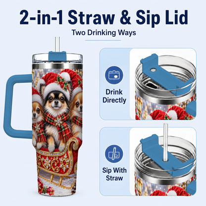 #pl[40oz|Blue] Christmas Chihuahua 40oz Tumbler, Sleigh Dog Stainless Steel Travel Cup
