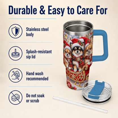 #pl[40oz|Blue] Christmas Chihuahua 40oz Tumbler, Sleigh Dog Stainless Steel Travel Cup