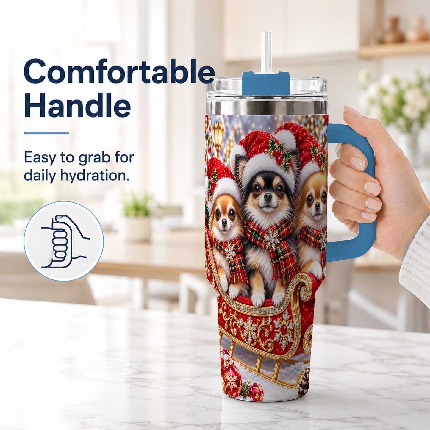 #pl[40oz|Blue] Christmas Chihuahua 40oz Tumbler, Sleigh Dog Stainless Steel Travel Cup