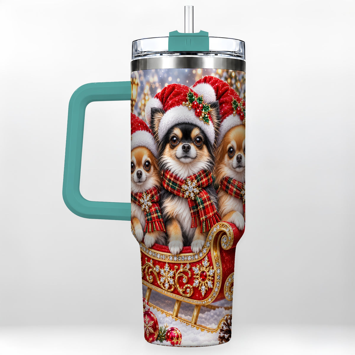 #pl[40oz|Green] Christmas Chihuahua 40oz Tumbler, Sleigh Dog Stainless Steel Travel Cup