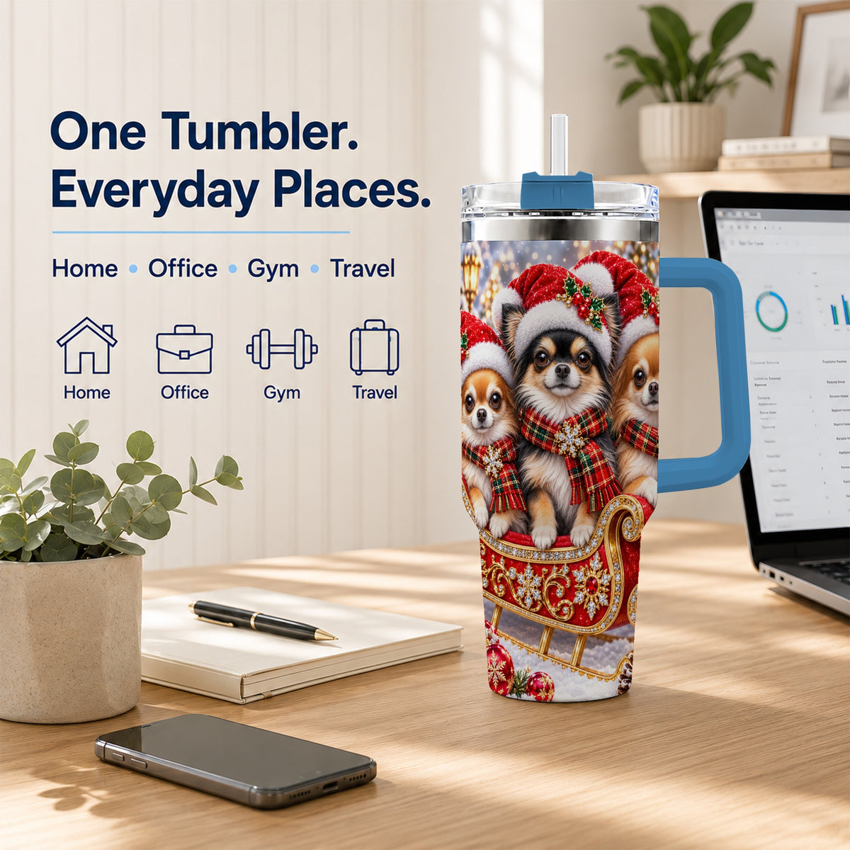 #pl[40oz|Blue] Christmas Chihuahua 40oz Tumbler, Sleigh Dog Stainless Steel Travel Cup