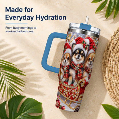 #pl[40oz|Blue] Christmas Chihuahua 40oz Tumbler, Sleigh Dog Stainless Steel Travel Cup