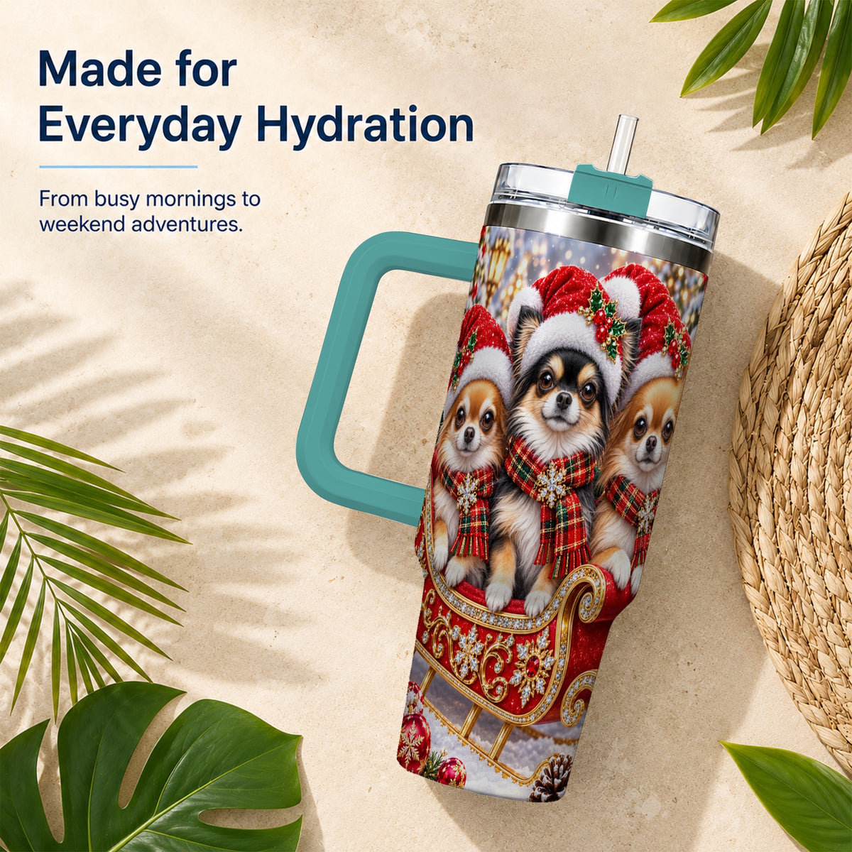 #pl[40oz|Green] Christmas Chihuahua 40oz Tumbler, Sleigh Dog Stainless Steel Travel Cup