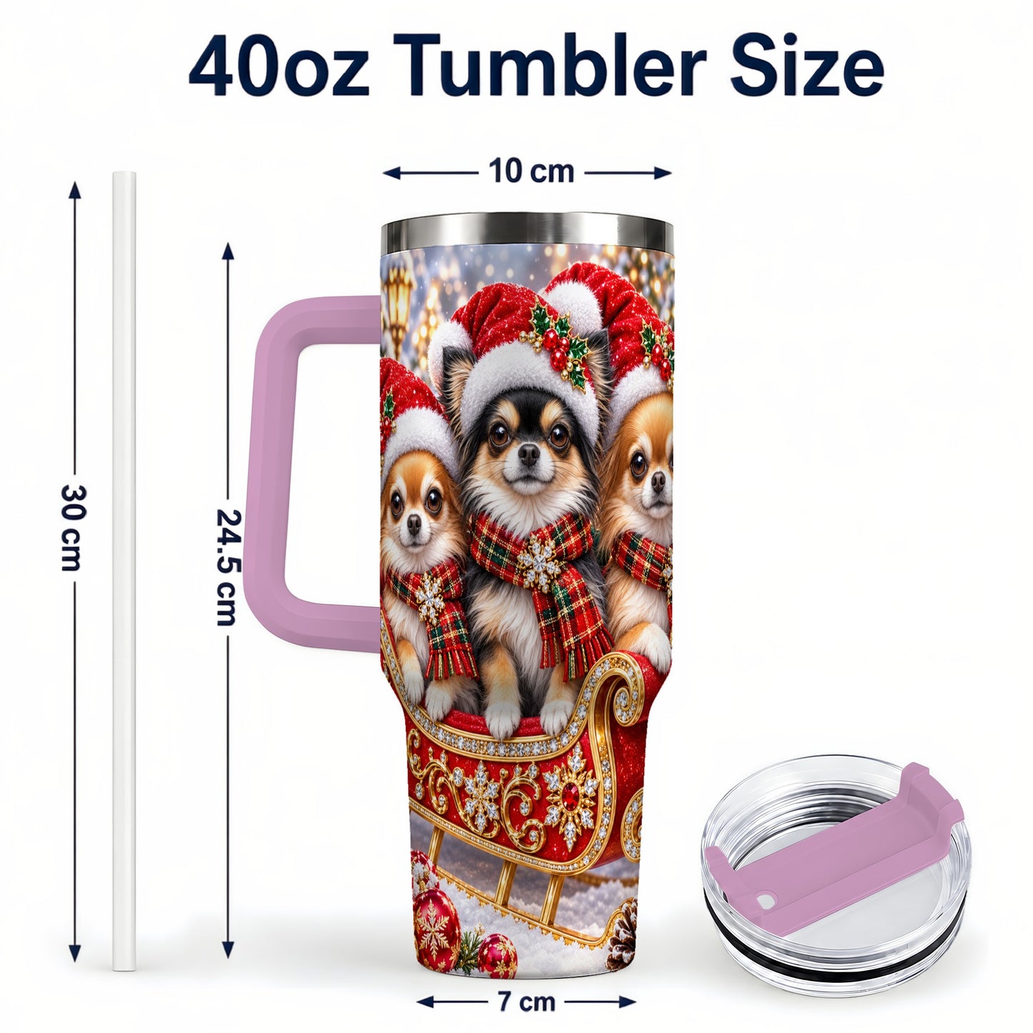 #pl[40oz|Pink] Christmas Chihuahua 40oz Tumbler, Sleigh Dog Stainless Steel Travel Cup