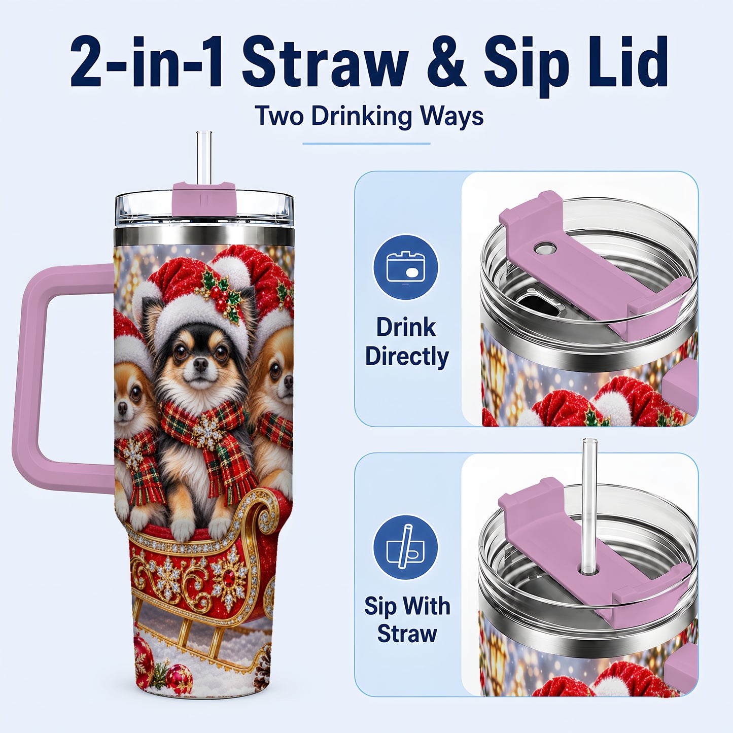 #pl[40oz|Pink] Christmas Chihuahua 40oz Tumbler, Sleigh Dog Stainless Steel Travel Cup