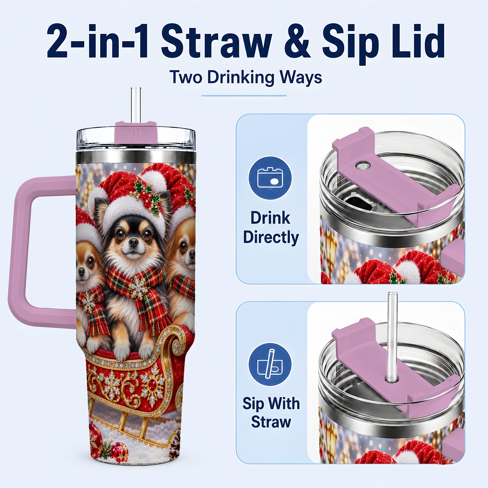 #pl[40oz|Pink] Christmas Chihuahua 40oz Tumbler, Sleigh Dog Stainless Steel Travel Cup