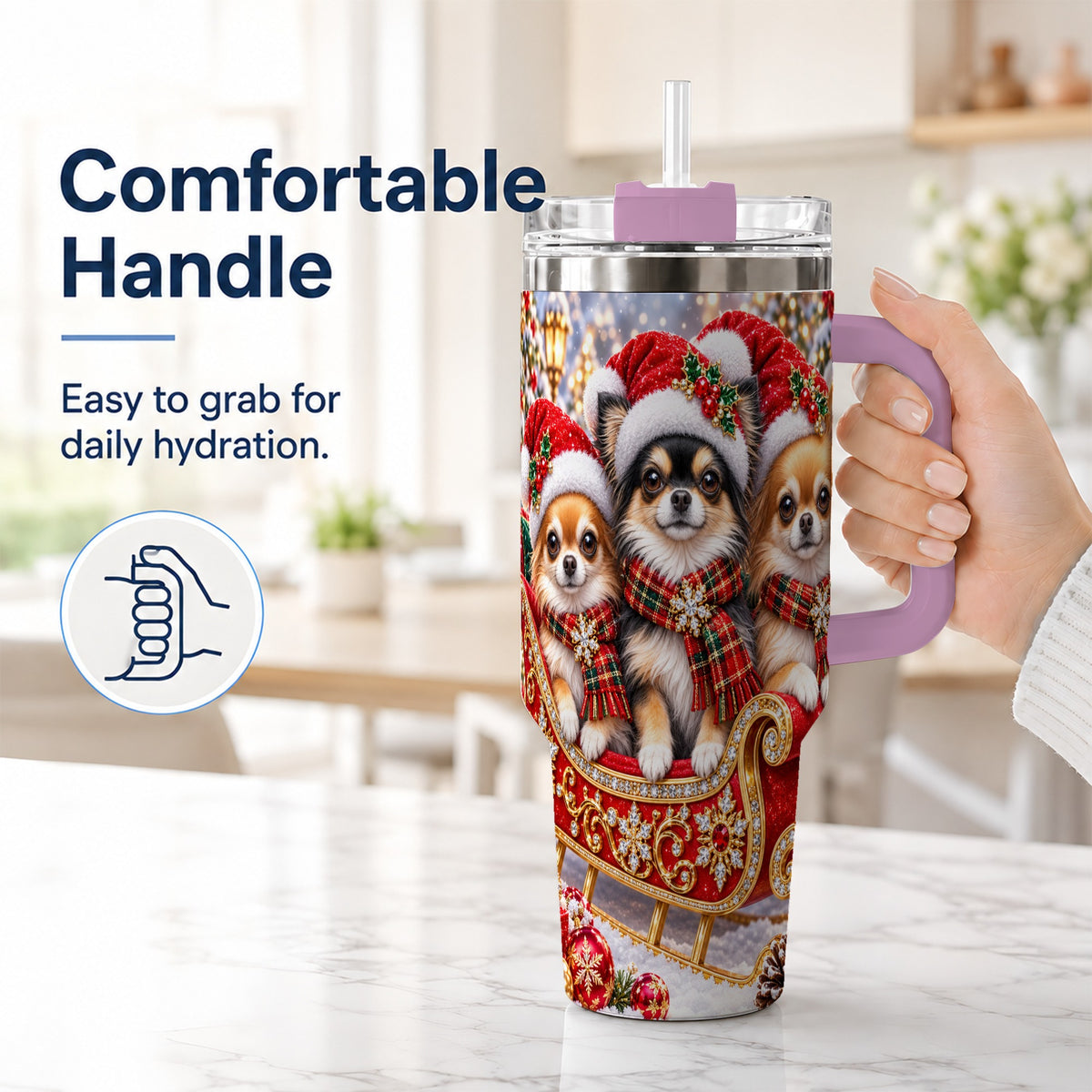 #pl[40oz|Pink] Christmas Chihuahua 40oz Tumbler, Sleigh Dog Stainless Steel Travel Cup