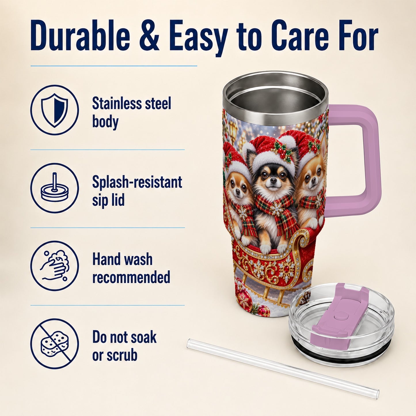 #pl[40oz|Pink] Christmas Chihuahua 40oz Tumbler, Sleigh Dog Stainless Steel Travel Cup