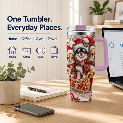 #pl[40oz|Pink] Christmas Chihuahua 40oz Tumbler, Sleigh Dog Stainless Steel Travel Cup