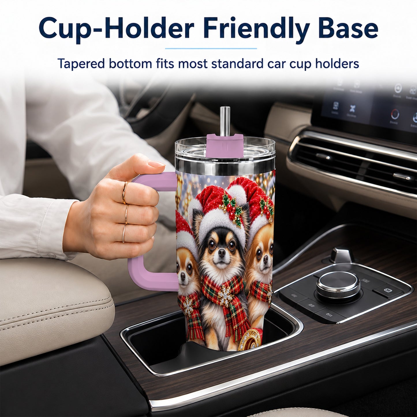 #pl[40oz|Pink] Christmas Chihuahua 40oz Tumbler, Sleigh Dog Stainless Steel Travel Cup