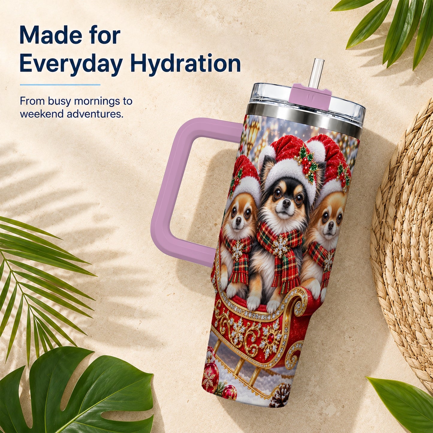 #pl[40oz|Pink] Christmas Chihuahua 40oz Tumbler, Sleigh Dog Stainless Steel Travel Cup