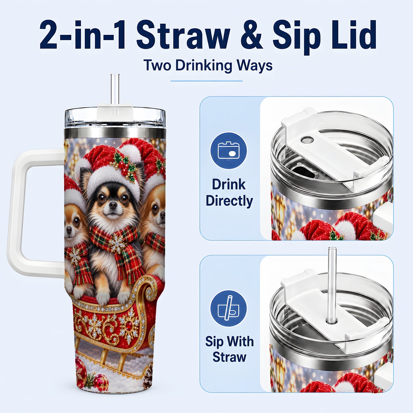 #pl[40oz|White] Christmas Chihuahua 40oz Tumbler, Sleigh Dog Stainless Steel Travel Cup