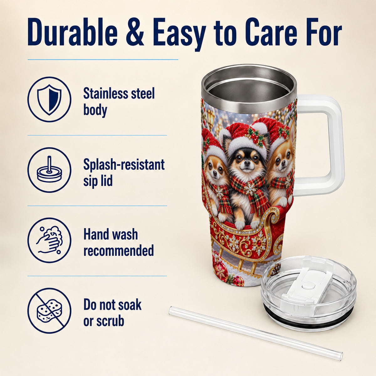 #pl[40oz|White] Christmas Chihuahua 40oz Tumbler, Sleigh Dog Stainless Steel Travel Cup
